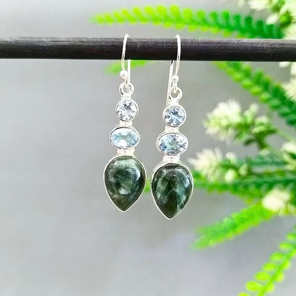 Serafinit ve Blue Topaz Özel Tasarım Küpe