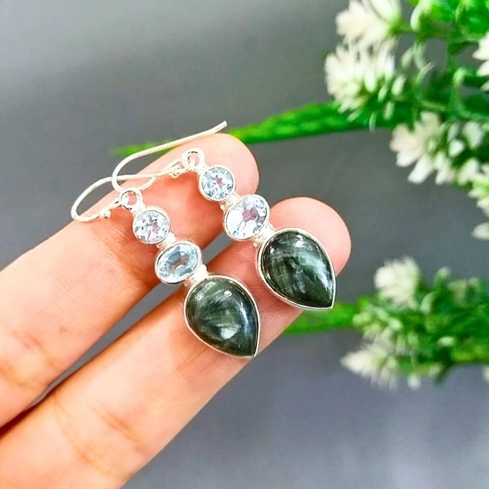 Serafinit ve Blue Topaz Özel Tasarım Küpe