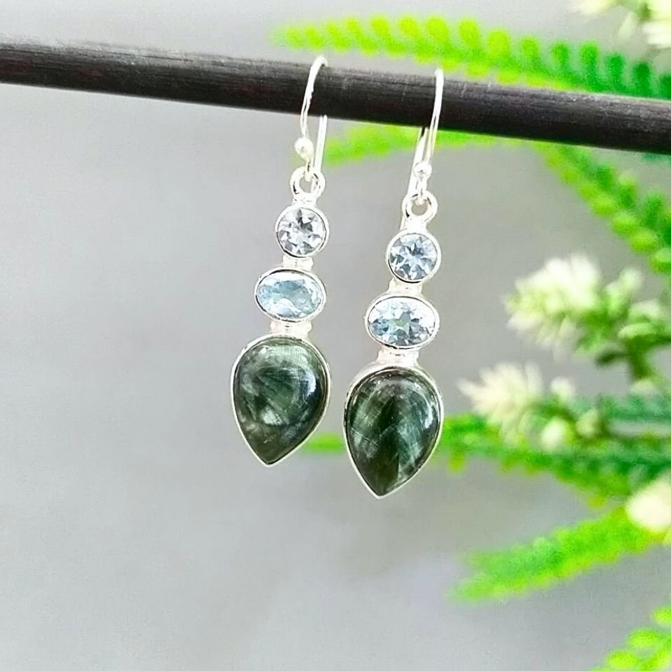 Serafinit ve Blue Topaz Özel Tasarım Küpe