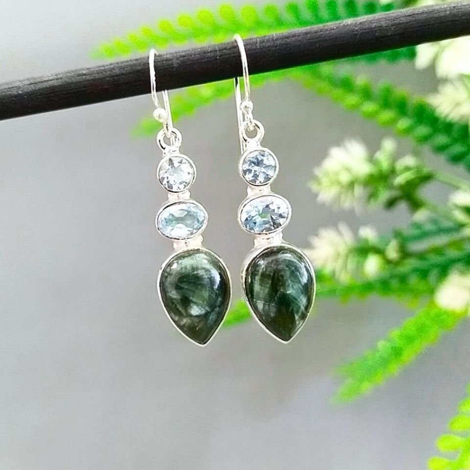 Serafinit ve Blue Topaz Özel Tasarım Küpe