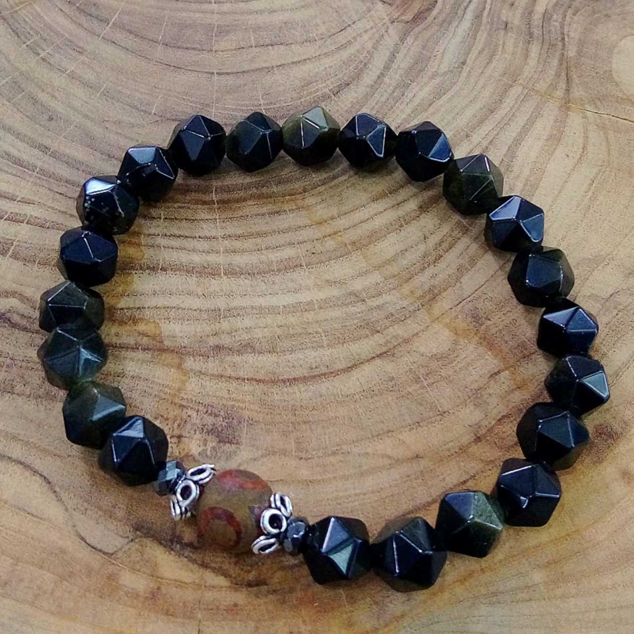 Obsidyen ve Tibet Akiği Doğaltaş Bileklik Sekizgen