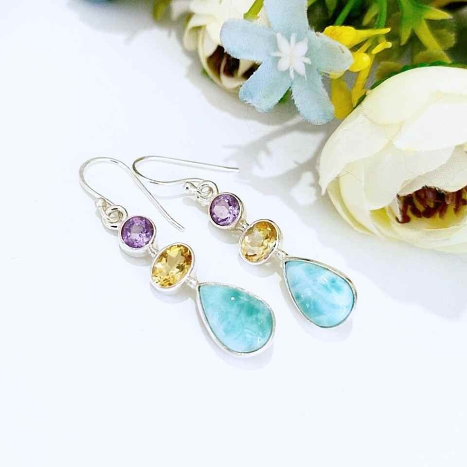 larimar topaz ve ametist taşı doğal taş gümüş küpe