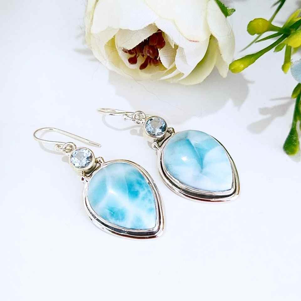 larimar ve topaz doğal taş gümüş küpe 00679