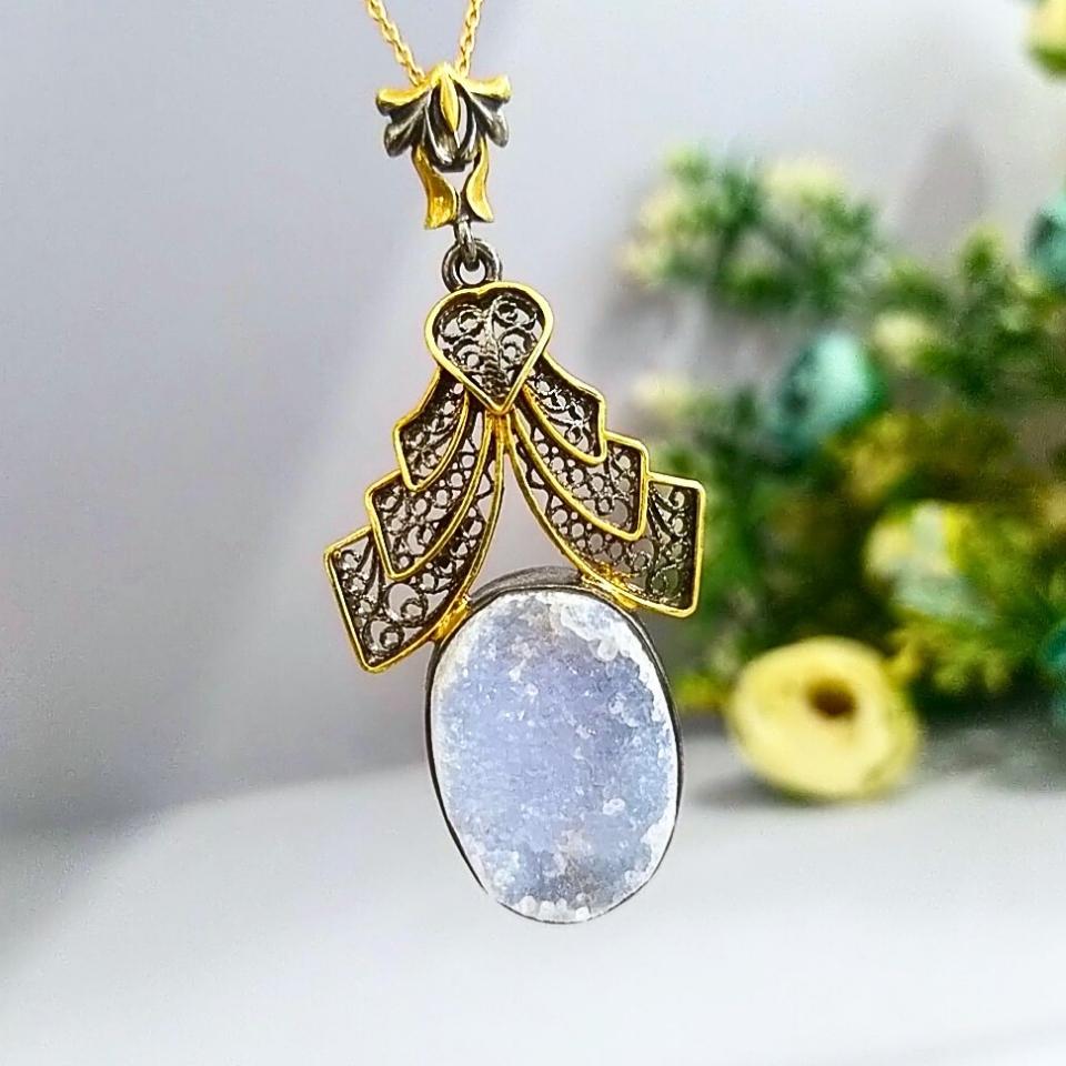 druzy kalsedon özel tasarım kolye