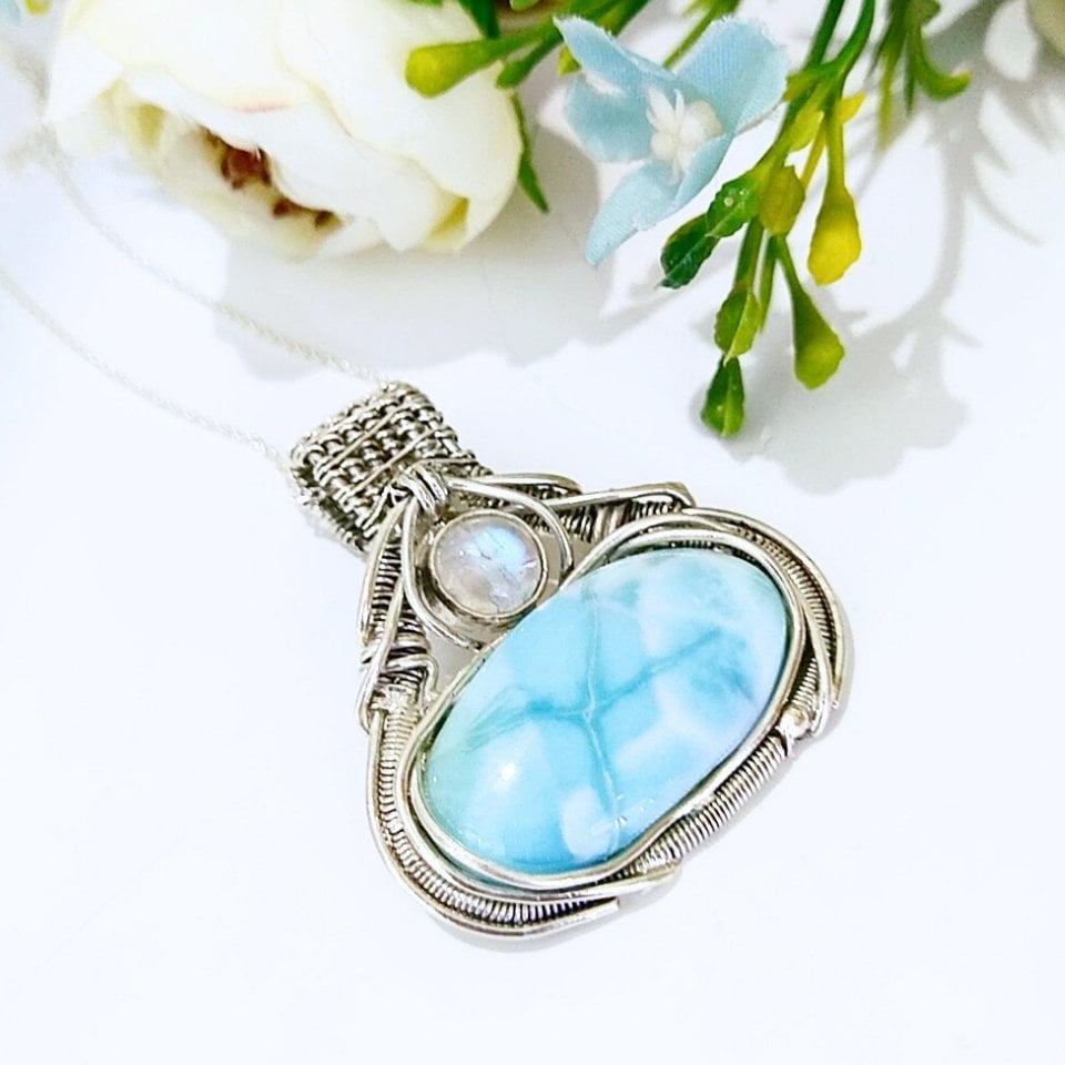larimar ve ay taşı doğal taş gümüş kolye 00994