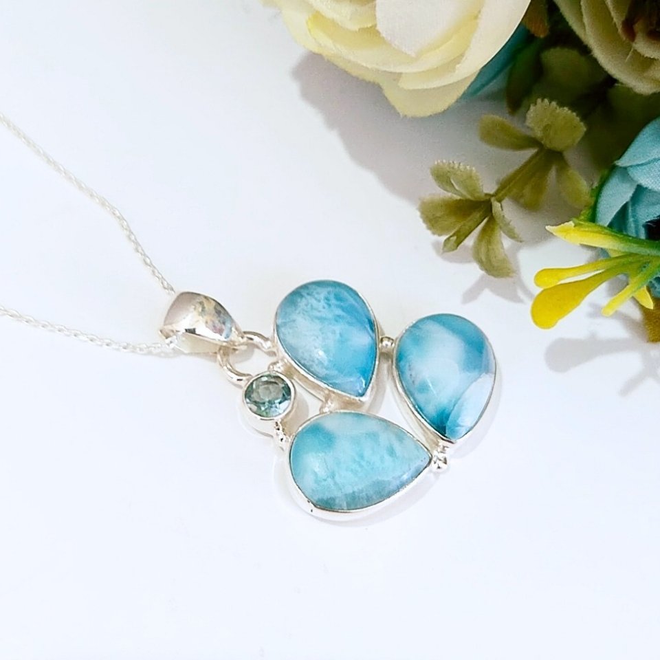 larimar ve topaz taşı doğal taş gümüş kolye 00996