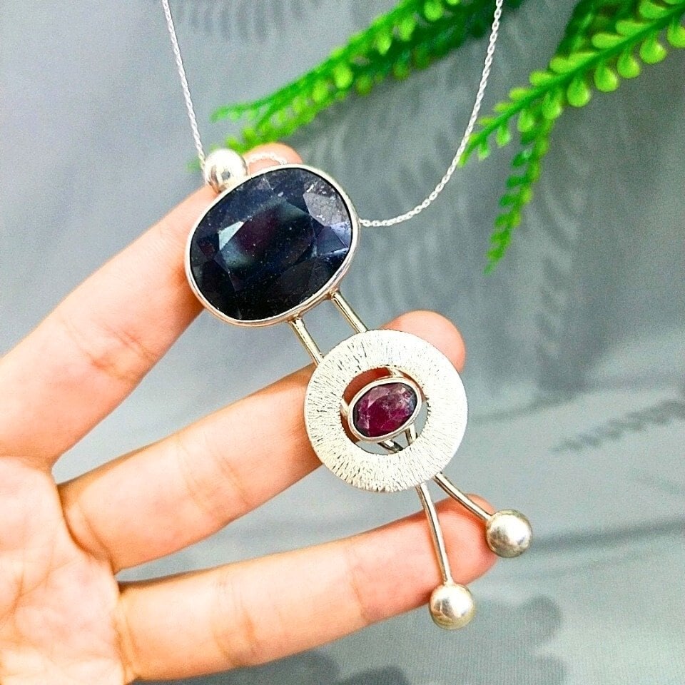safir ve yakut taşı özel tasarım kolye - tsr1343