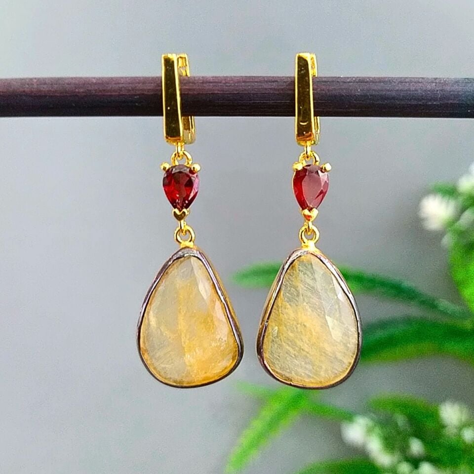 Sarı Safir / Granat Özel Tasarım Küpe