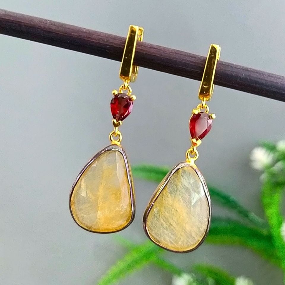 Sarı Safir Green Topaz Özel Tasarım Küpe