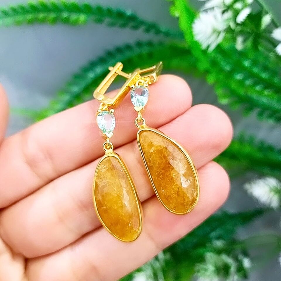 Sarı Safir Green Topaz Özel Tasarım Küpe