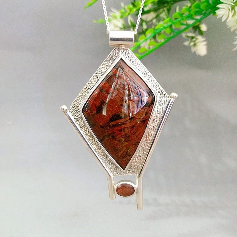 Ağaç Opal ve Güneş Taşı Özel Tasarım Doğal Taş Kolye