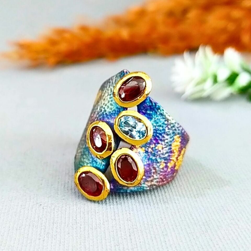 Granat Blue Topaz Taşı Özel Tasarım Yüzük