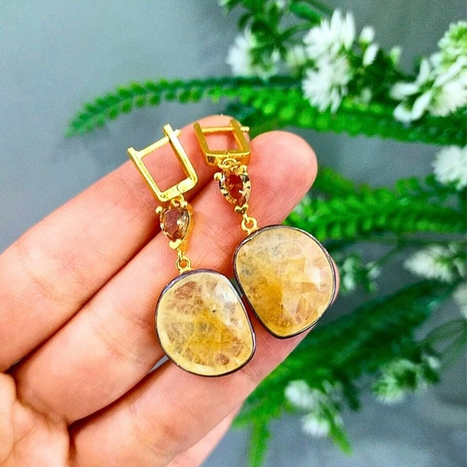 Sarı Safir Topaz Taşı Özel Tasarım Küpe