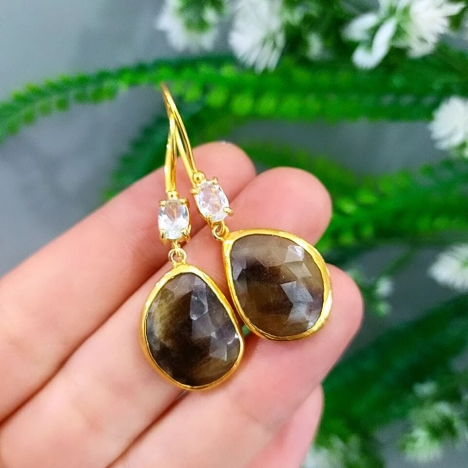 Safir Topaz Taşı Özel Tasarım Küpe
