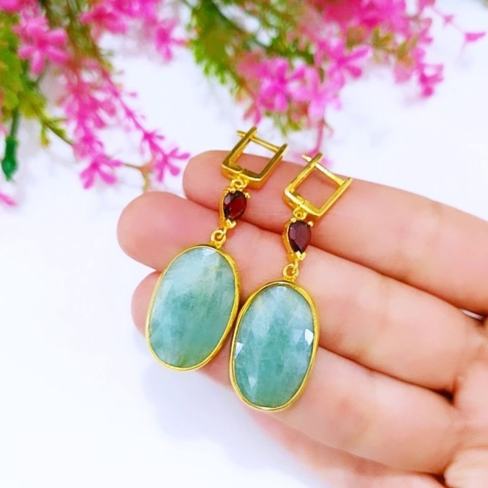 Aquamarine Garnet Stone Special Design Earrings