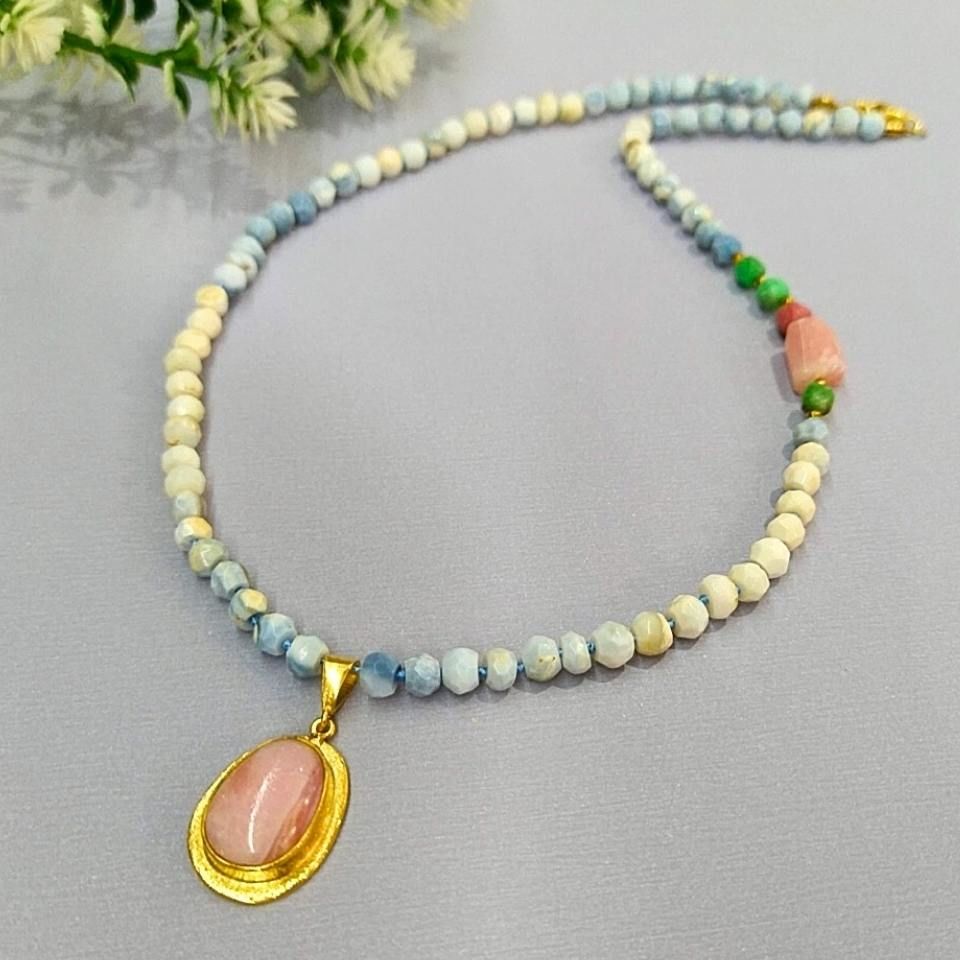 Mavi Opal - Pembe Opal - Krizopras Doğal Taş Kolye