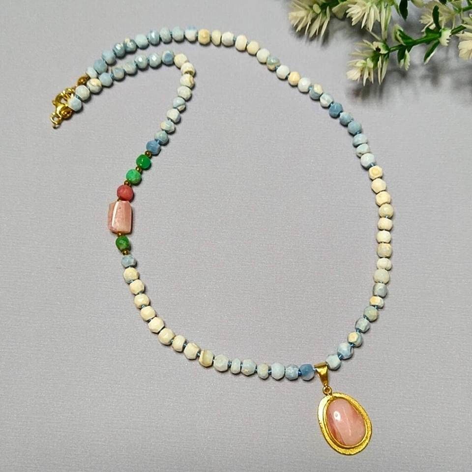 Mavi Opal - Pembe Opal - Krizopras Doğal Taş Kolye