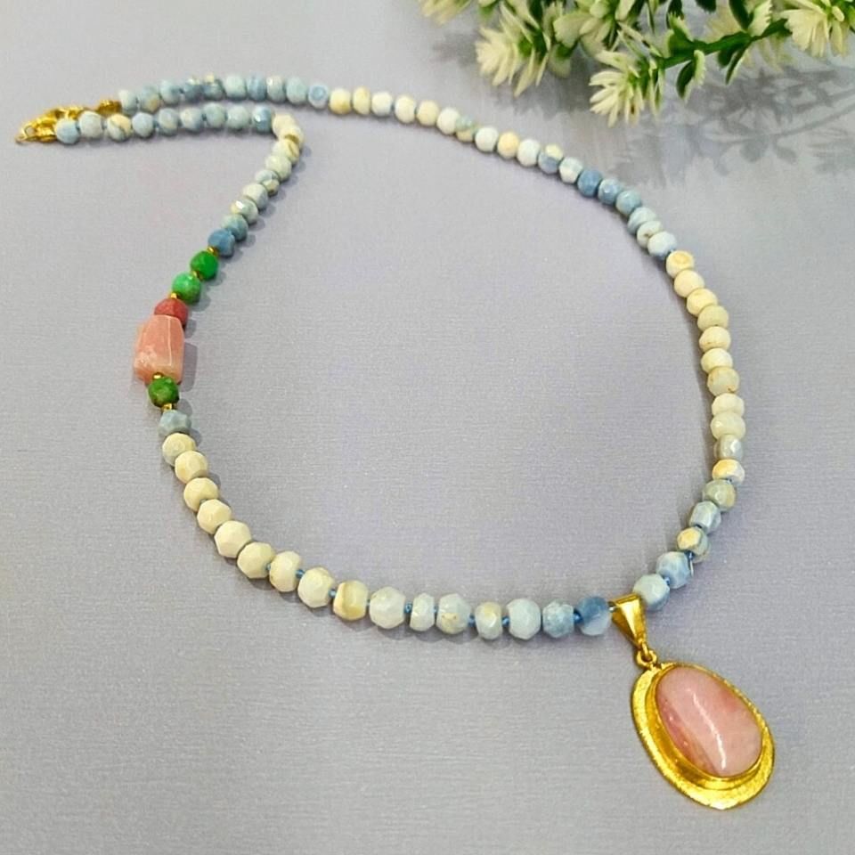 Mavi Opal - Pembe Opal - Krizopras Doğal Taş Kolye