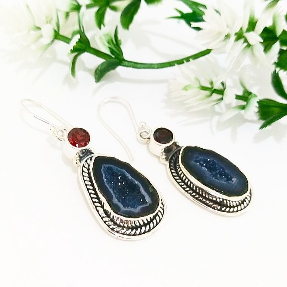Black Druzy Akik Özel Tasarım Küpe