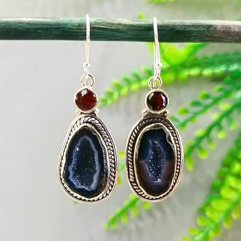 Black Druzy Akik Özel Tasarım Küpe