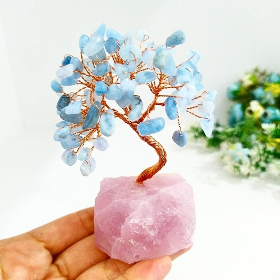 Aquamarine - Rose Quartz Natural Stone Tree of Life