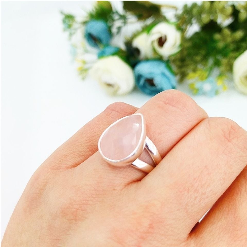 Pembe Kuvars Doğal Taş Gümüş Yüzük 00749