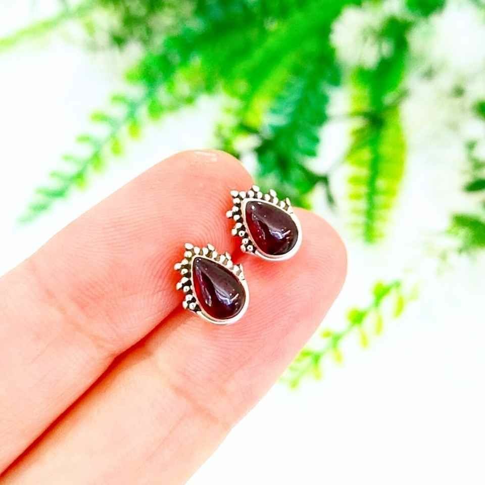 Granat Lal Taşı Doğal Taş Gümüş Küpe 00585