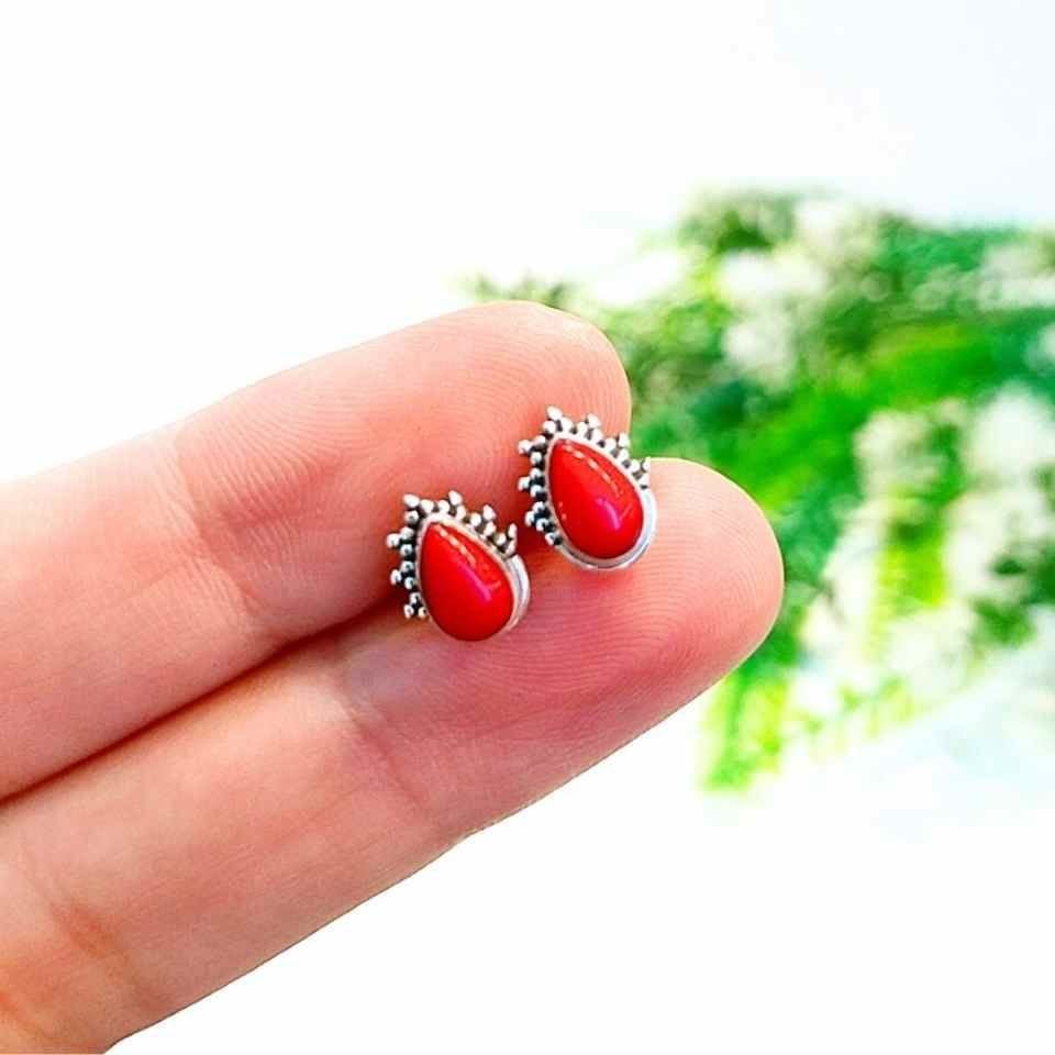 Mercan Taşı Doğal Taş Gümüş Küpe 00601