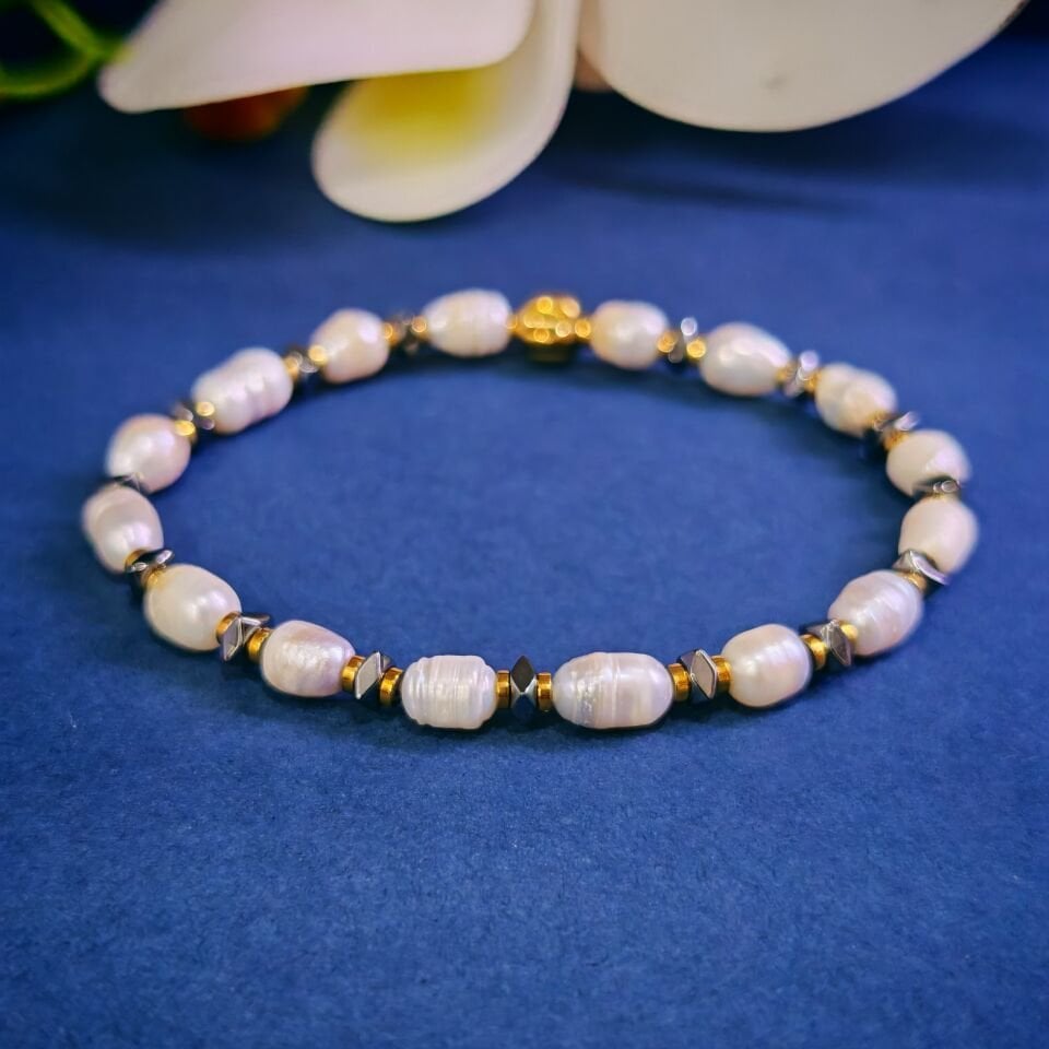Pearl and Hematite Natural Stone Bracelet - BLK969
