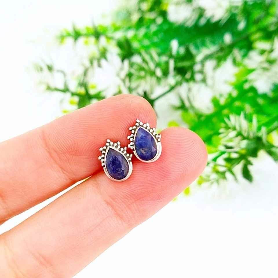 Safir Taşı Doğal Taş Gümüş Küpe 00654