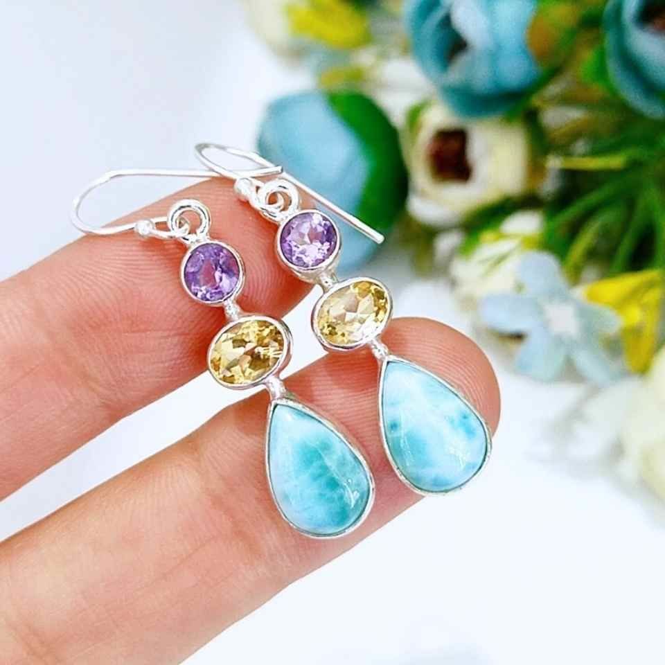 Larimar Topaz ve Ametist Taşı Doğal Taş Gümüş Küpe
