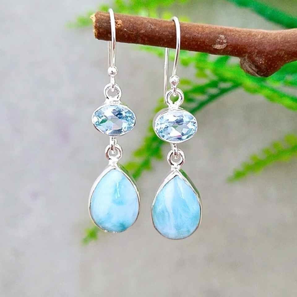 Larimar ve Topaz Doğal Taş Gümüş Küpe 00678