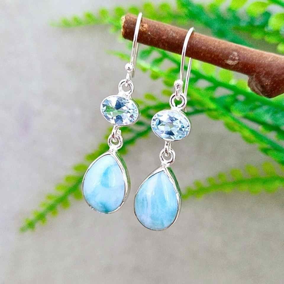 Larimar ve Topaz Doğal Taş Gümüş Küpe 00678