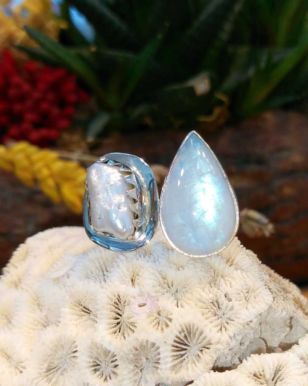 Moonstone Baroque Pearl Custom Design Ring