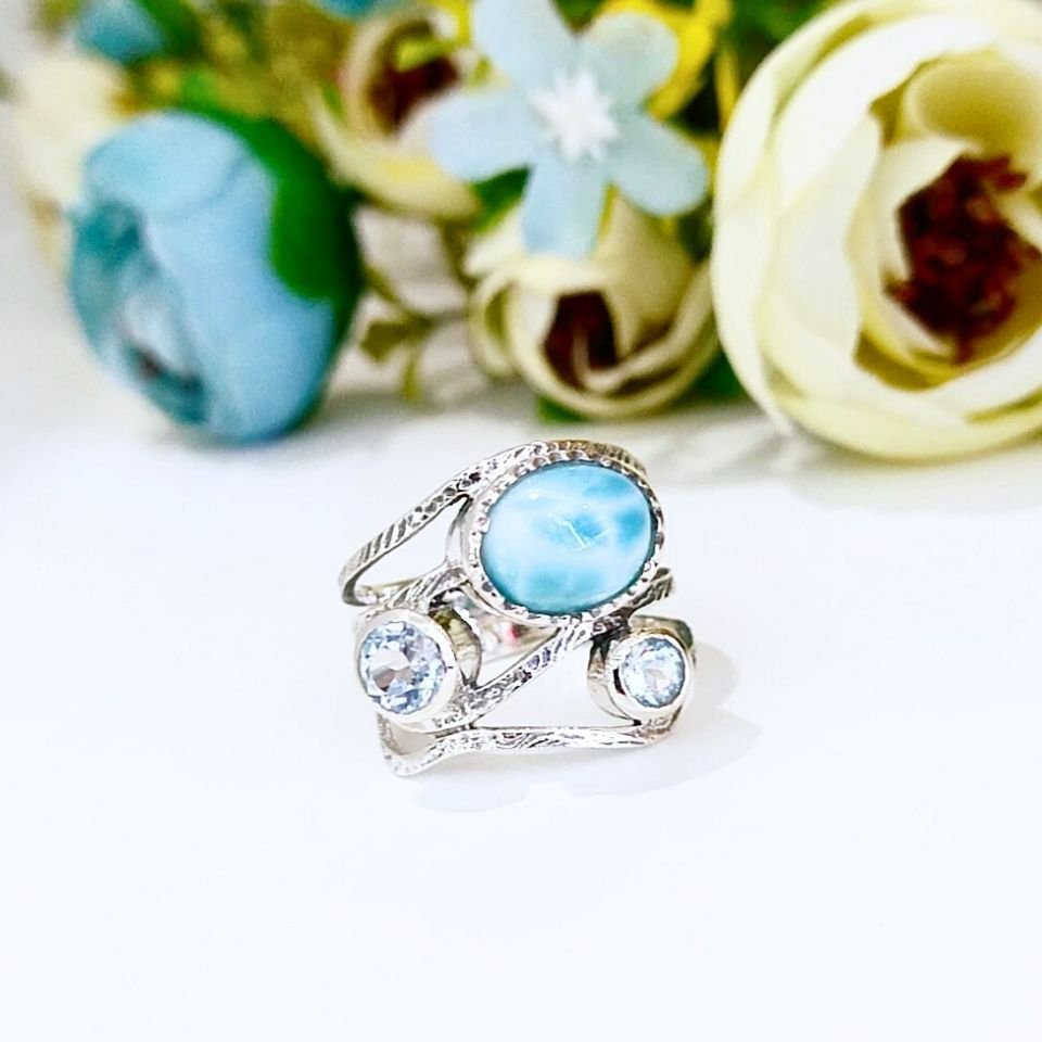 Larimar ve Topaz Taşı Doğal Taş Gümüş Yüzük 00778