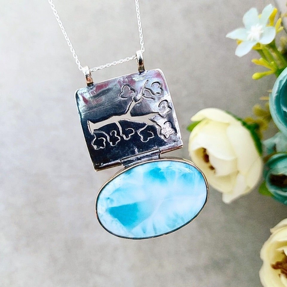 Larimar Taşı Doğal Taş Gümüş Kolye 00989