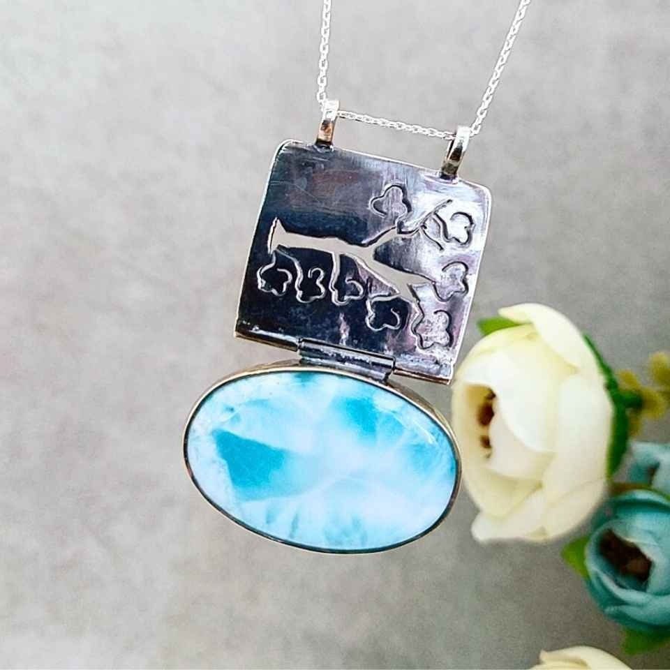 Larimar Taşı Doğal Taş Gümüş Kolye 00989