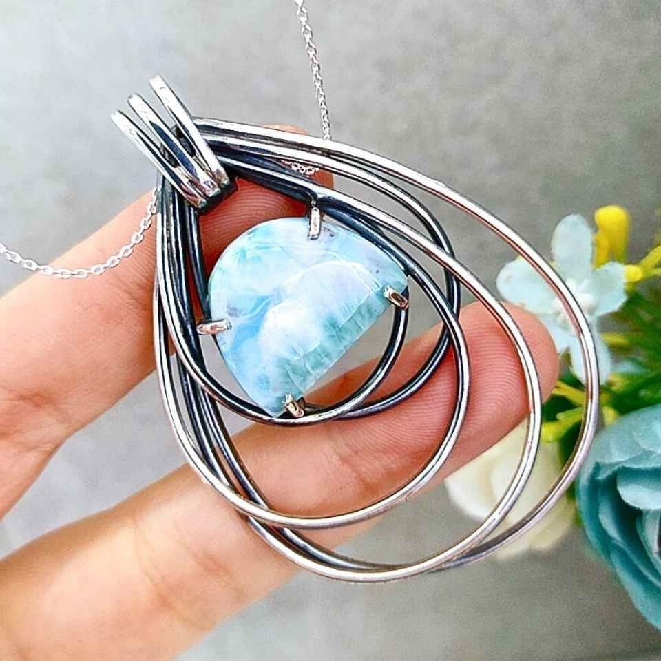 Larimar Taşı Doğal Taş Gümüş Kolye 00990