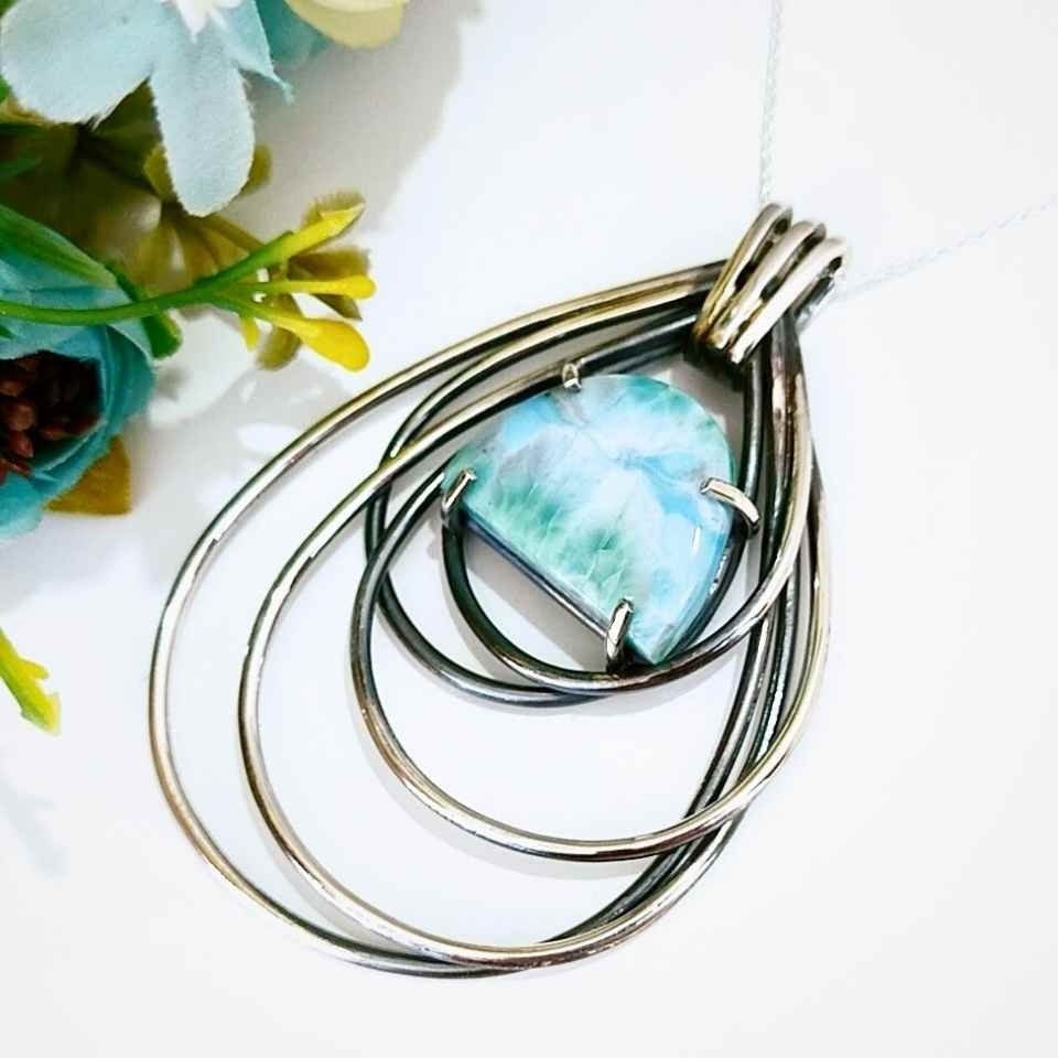 Larimar Taşı Doğal Taş Gümüş Kolye 00990
