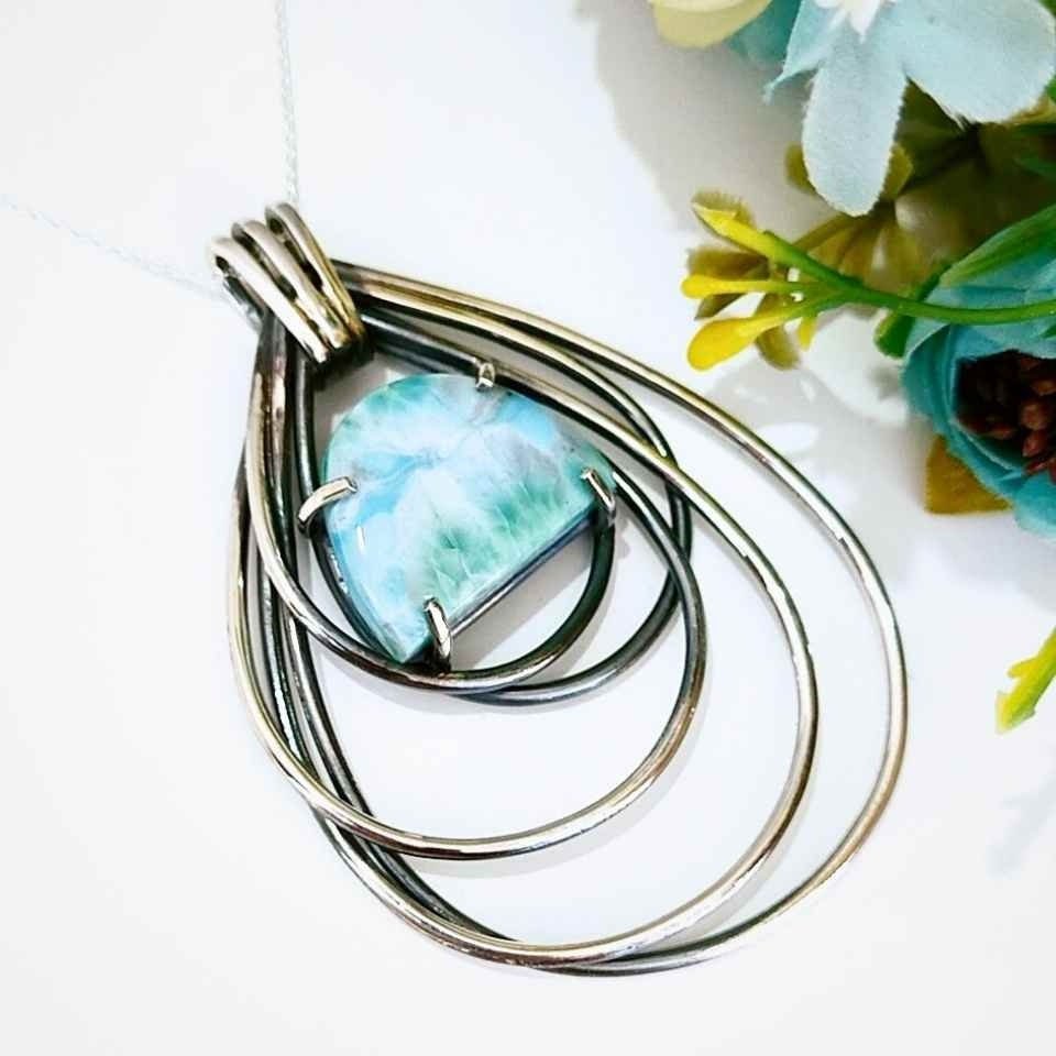 Larimar Taşı Doğal Taş Gümüş Kolye 00990