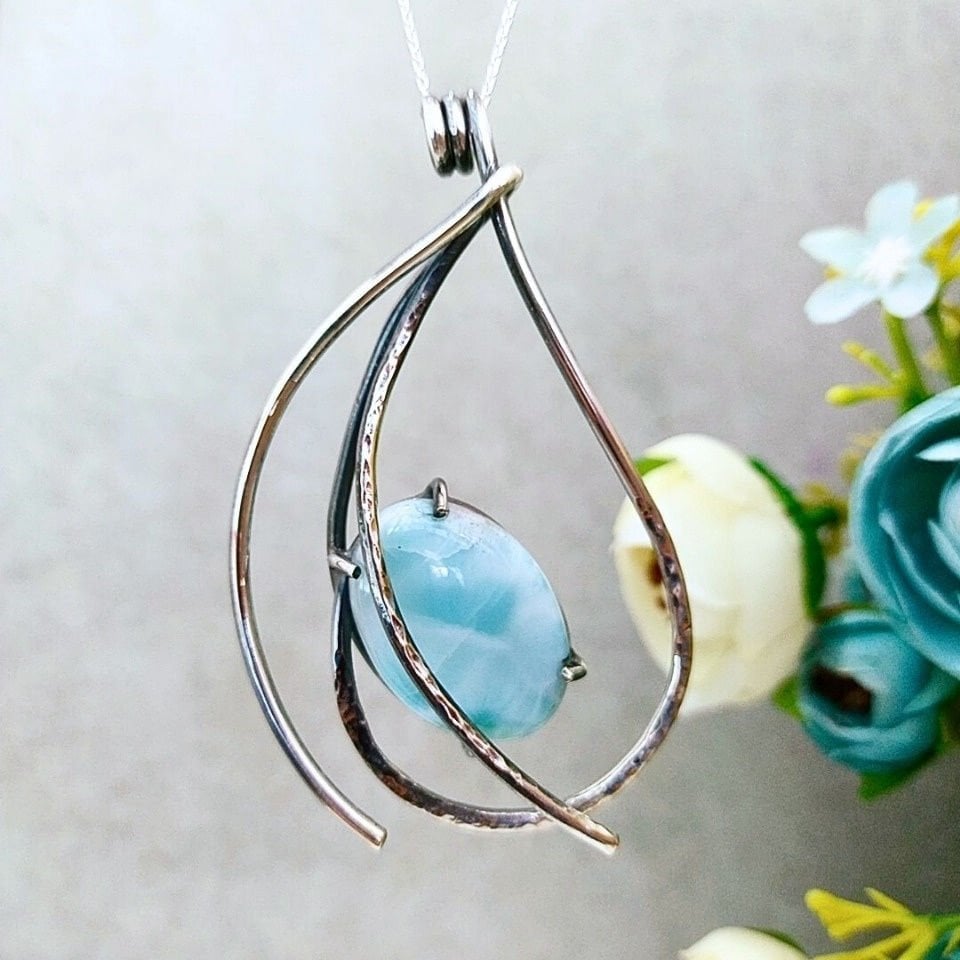Larimar Taşı Doğal Taş Gümüş Kolye 00992