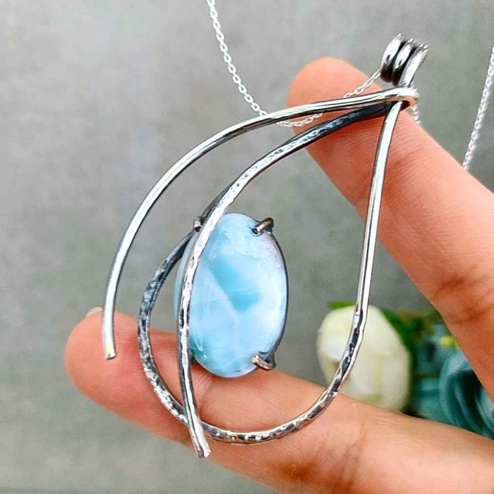 Larimar Taşı Doğal Taş Gümüş Kolye 00992