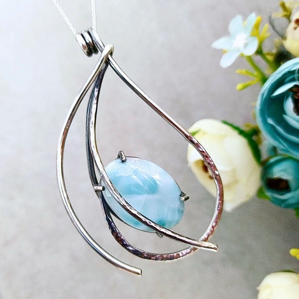 Larimar Taşı Doğal Taş Gümüş Kolye 00992