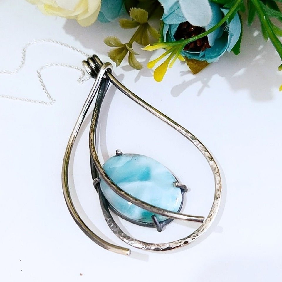 Larimar Taşı Doğal Taş Gümüş Kolye 00992