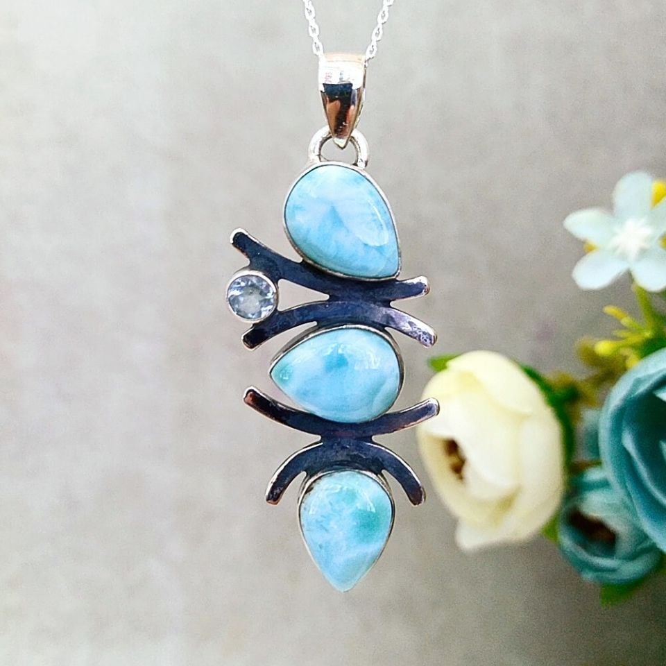 Larimar ve Topaz Taşı Doğal Taş Gümüş Kolye 00995