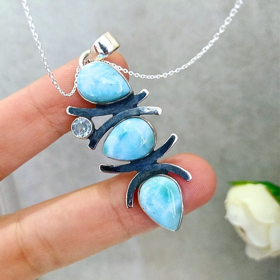 Larimar ve Topaz Taşı Doğal Taş Gümüş Kolye 00995