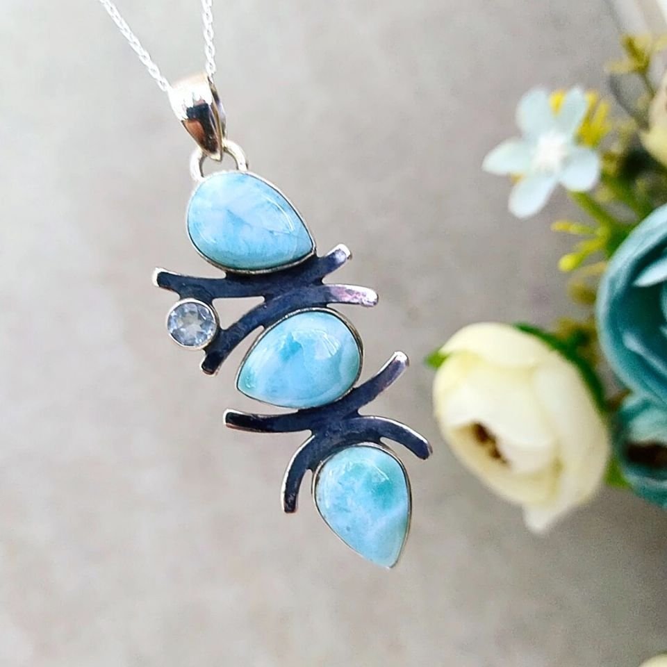 Larimar ve Topaz Taşı Doğal Taş Gümüş Kolye 00995