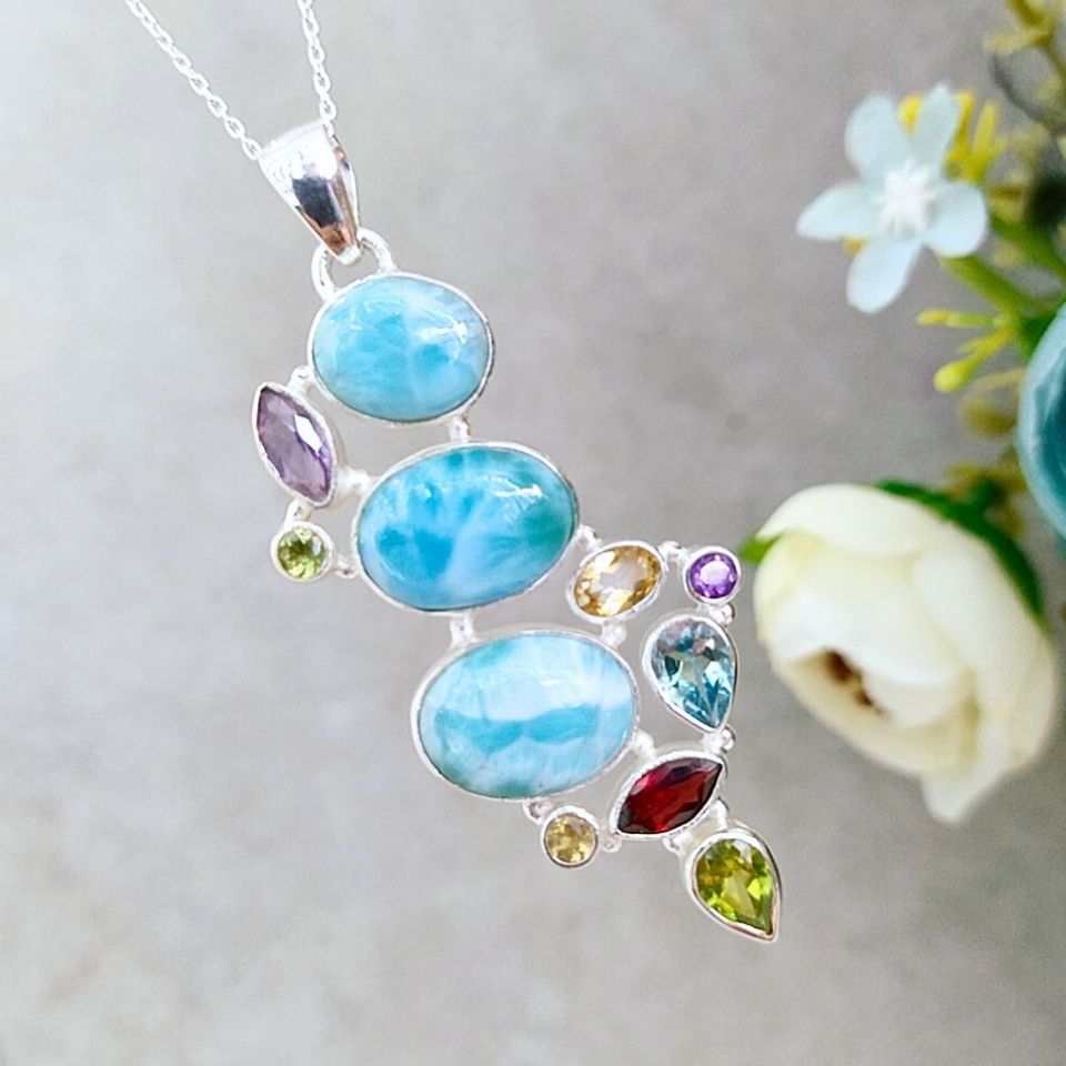 Larimar ve Topaz Taşı Doğal Taş Gümüş Kolye 00997