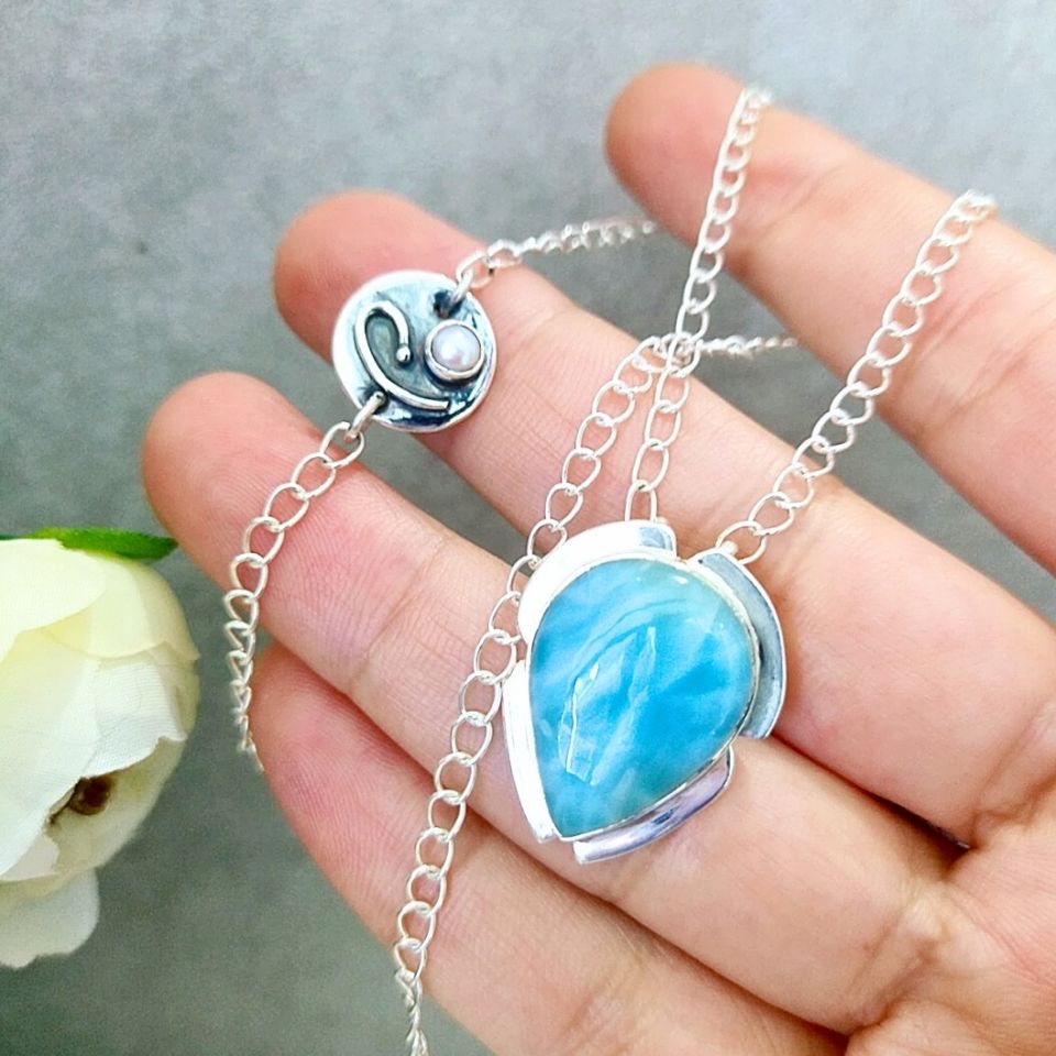 Larimar ve İnci Doğal Taş Gümüş Kolye 00999