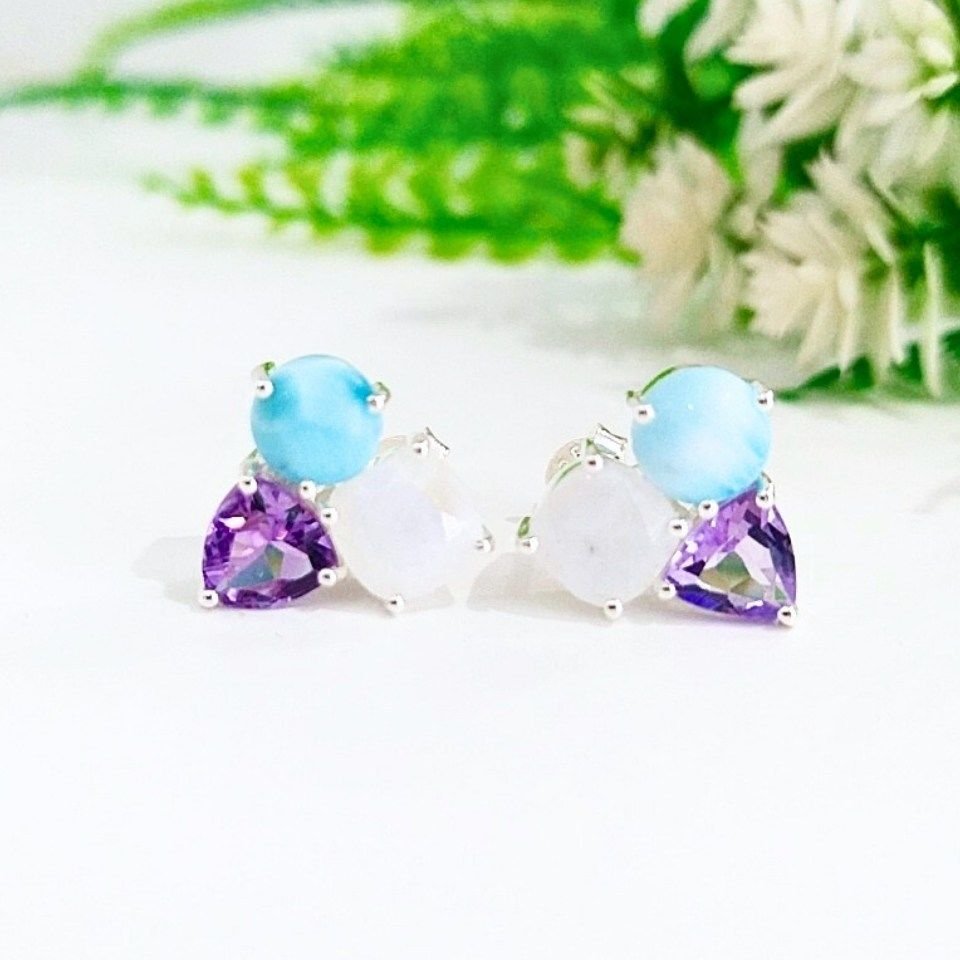 Larimar, Ay Taşı ve Ametrin Özel Tasarım Küpe